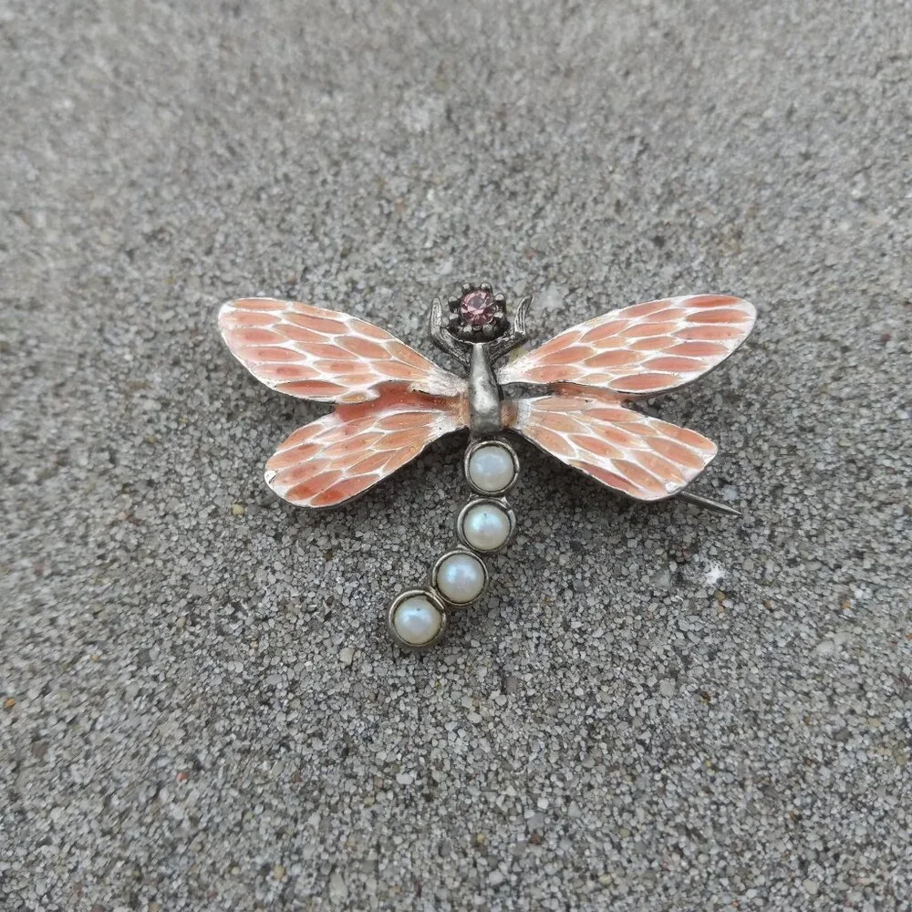 Gerard Yosca Brooch Figural  Vintage Enamel Dragonfly in Silver, Orange + White